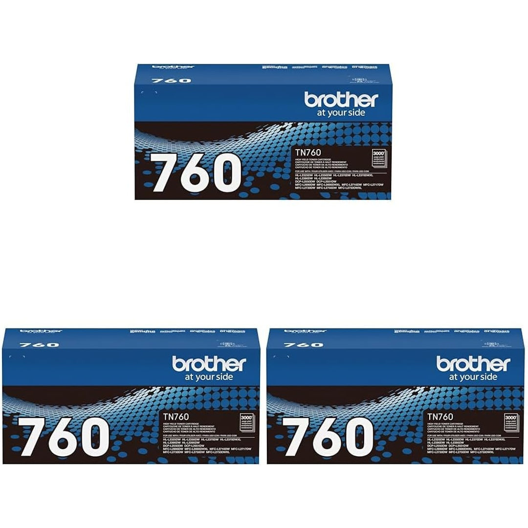 Brother Genuine TN760 High Yield Black Toner Cartridge - 3 Pack